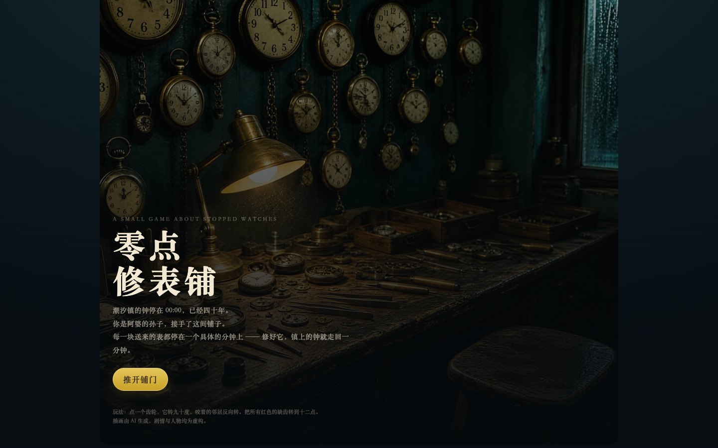 标题页：潮汐镇的钟停在 00:00，已经四十年。你是阿婆的孙子，接手了这间铺子。
