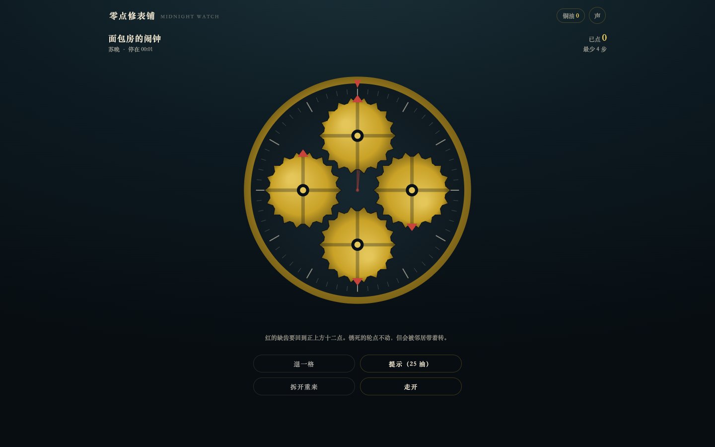 工位：四个环轮，红色缺齿要转回正上方十二点；已点 0，最少 4 步。