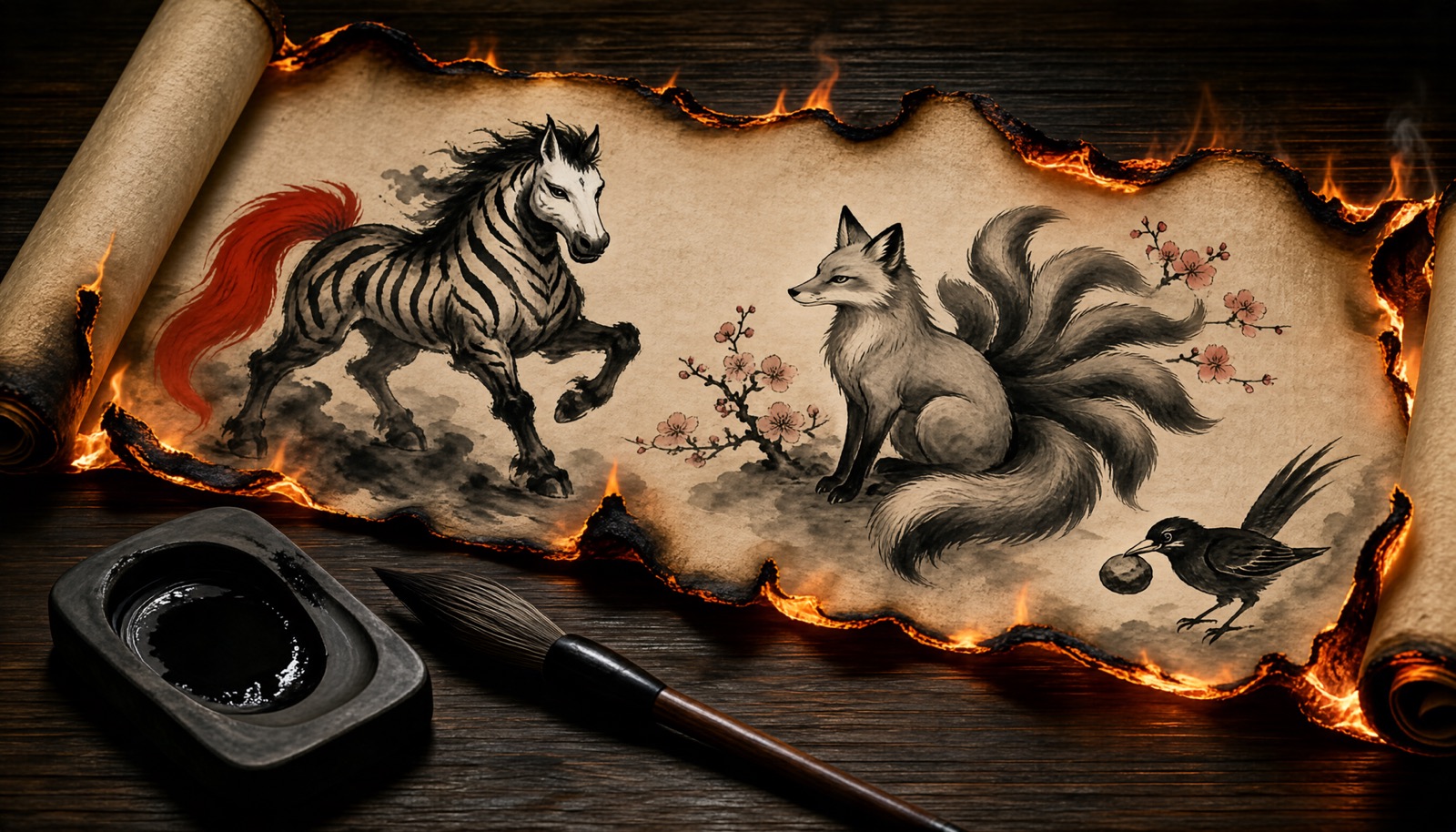 一轴在暗色木桌上从边缘烧起来的水墨手卷:卷面上画着白首黑纹红尾的马形异兽、桃枝边的九尾狐、衔着石子的鸟,旁边是笔与砚——插画,不是实机画面