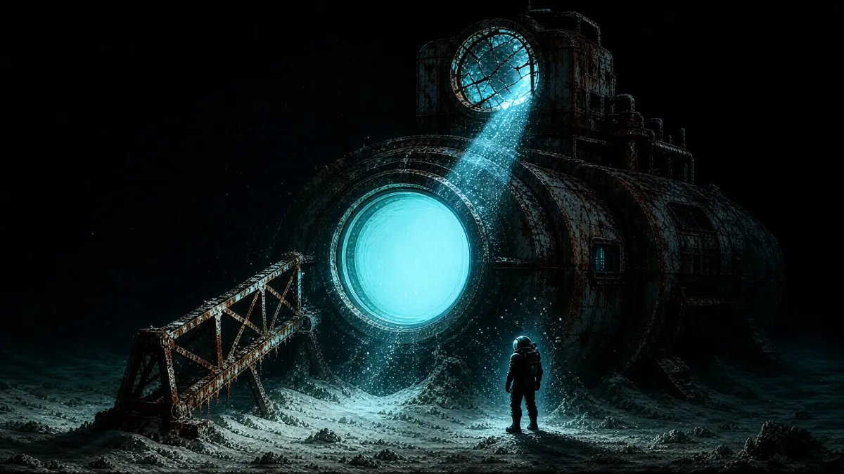 《深渊之眼》海底研究站示意插画:半埋在海泥里的站体与一只发光的圆形观察窗