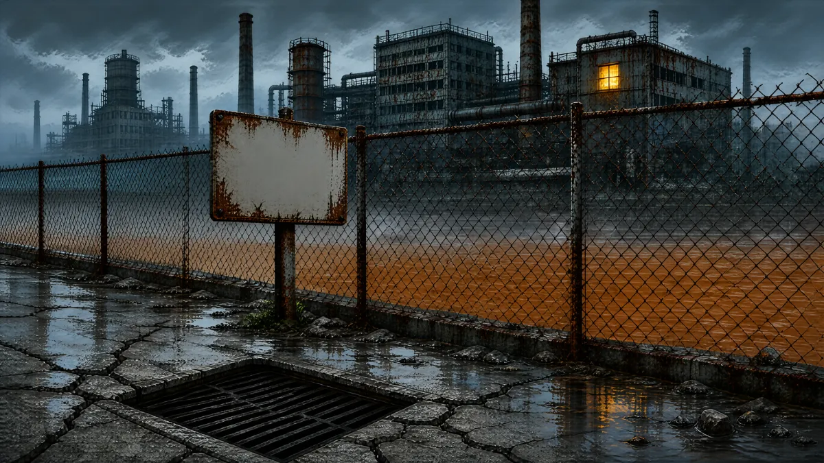 《锈河镇》主街示意插画：锈蚀的厂区天际线与前景的雨水口