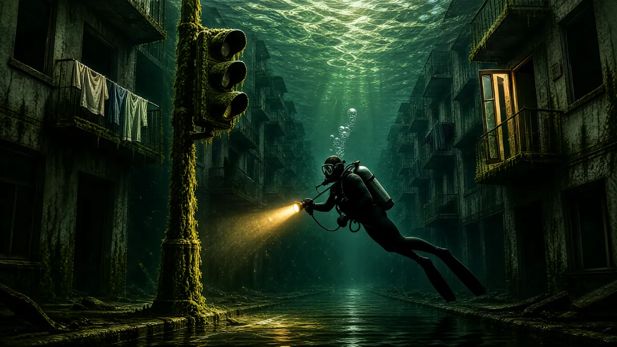 《沉没之城》水下街道示意插画:淹没的住宅、长满藻类的信号灯与一支手电光柱